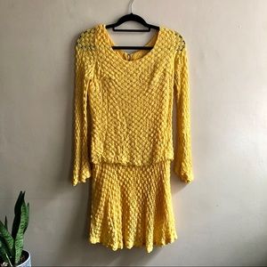 Vintage Canary Yellow Crochet Dress with Flared Sleeves